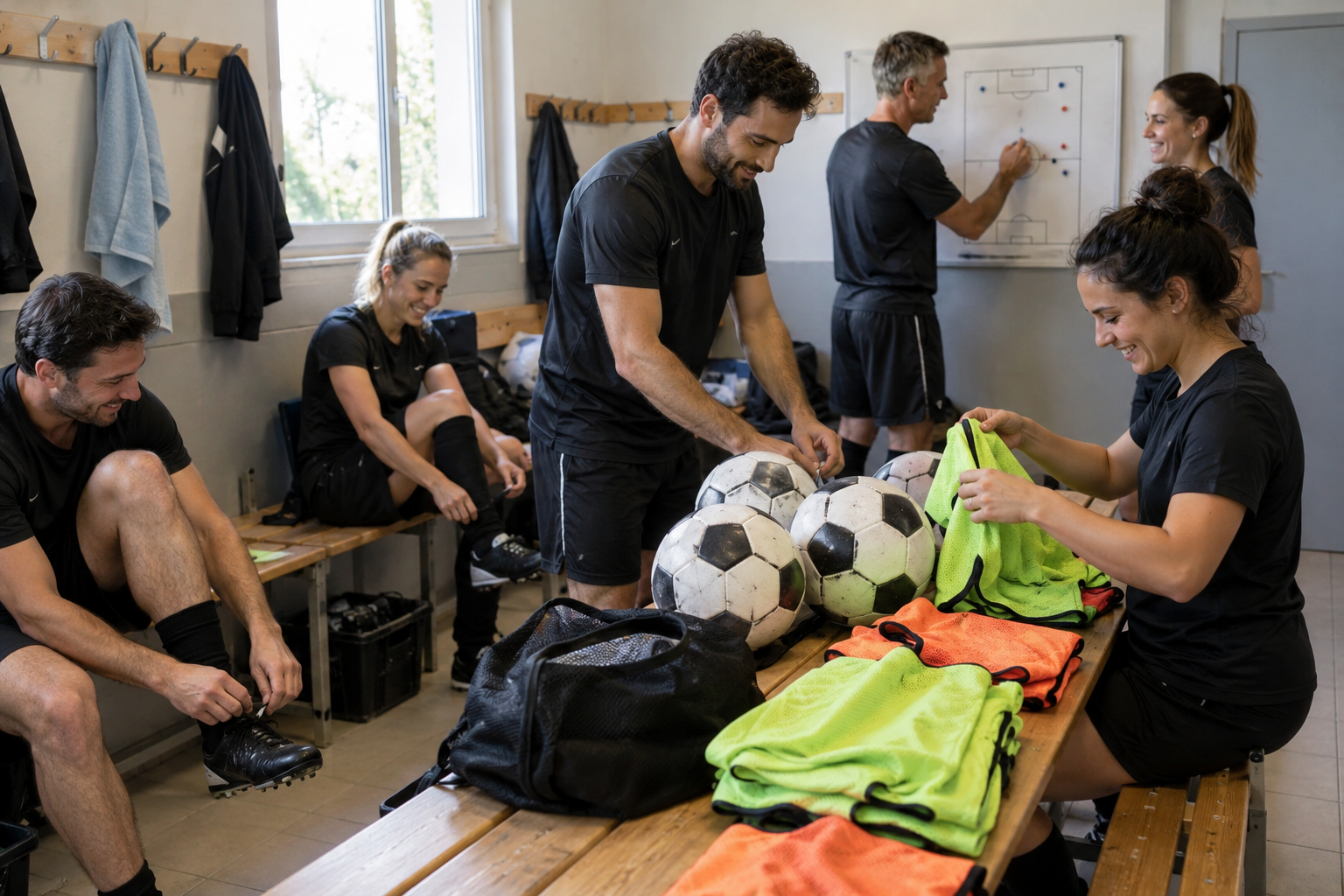 Équipe de football amateur préparant les ballons et les chasubles